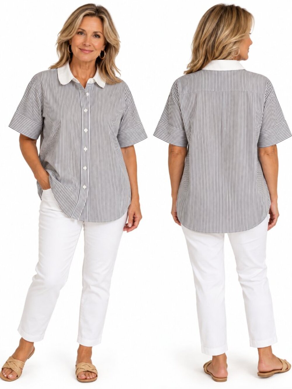 The Shirt Sz L Gray White Pinstripe Button Down Collared Top Coastal Classic